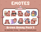 Brown Bunny Twitch emote pack featuring 10 emotes including flower, cool, plead, and lurk.