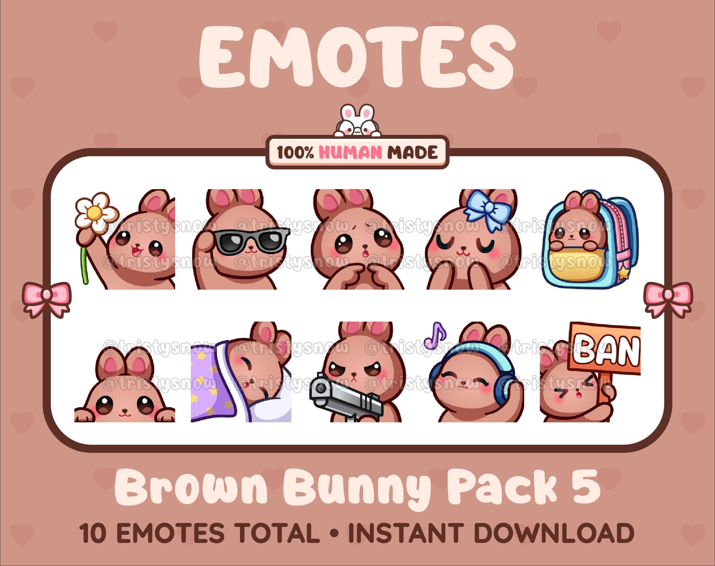 Brown Bunny Twitch emote pack featuring 10 emotes including flower, cool, plead, and lurk.