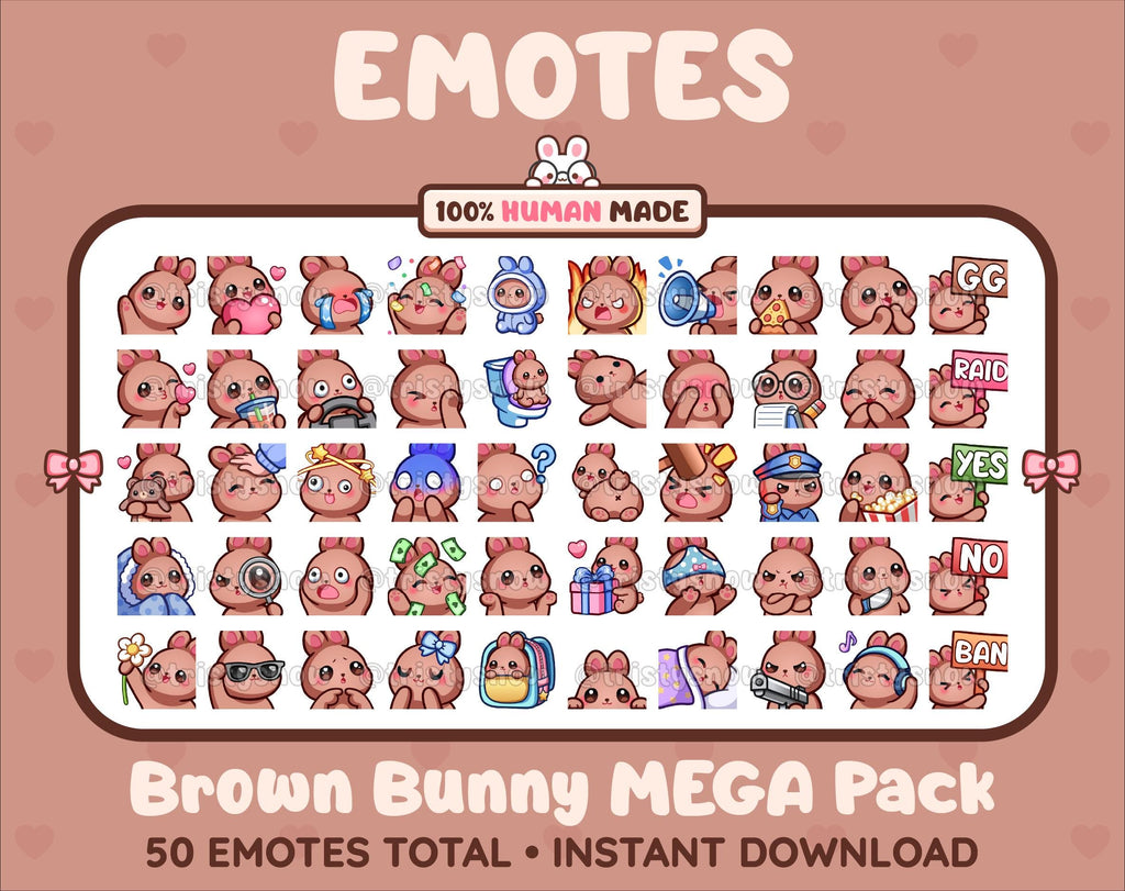 Brown Bunny Twitch emote mega pack featuring 50 emotes including hype, kiss, raid, and lurk.