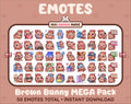 Brown Bunny Twitch emote mega pack featuring 50 emotes including hype, kiss, raid, and lurk.