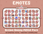 Brown Bunny Twitch emote mega pack featuring 50 emotes including hype, kiss, raid, and lurk.