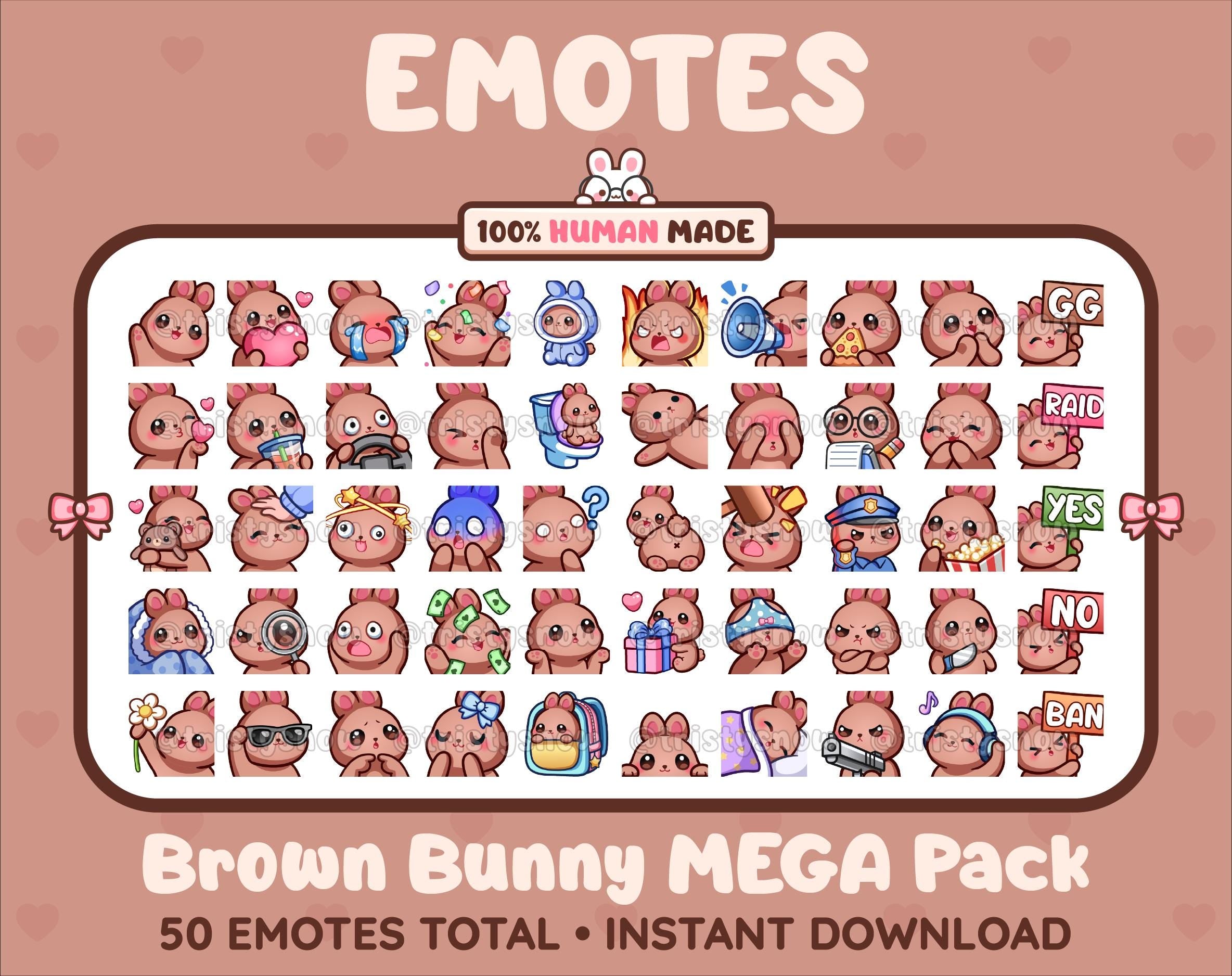 Brown Bunny Twitch emote mega pack featuring 50 emotes including hype, kiss, raid, and lurk.