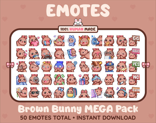 Brown Bunny Twitch emote mega pack featuring 50 emotes including hype, kiss, raid, and lurk.