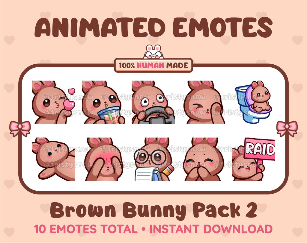 Brown Bunny animated Twitch emote pack featuring 10 emotes including kiss, facepalm, shy, and raid.