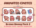 Brown Bunny animated Twitch emote pack featuring 10 emotes including kiss, facepalm, shy, and raid.
