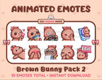 Brown Bunny animated Twitch emote pack featuring 10 emotes including kiss, facepalm, shy, and raid.