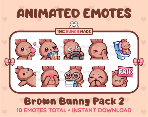 Brown Bunny animated Twitch emote pack featuring 10 emotes including kiss, facepalm, shy, and raid.