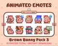Brown Bunny animated Twitch emote pack featuring 10 emotes including hug, scared, bonk, and popcorn.