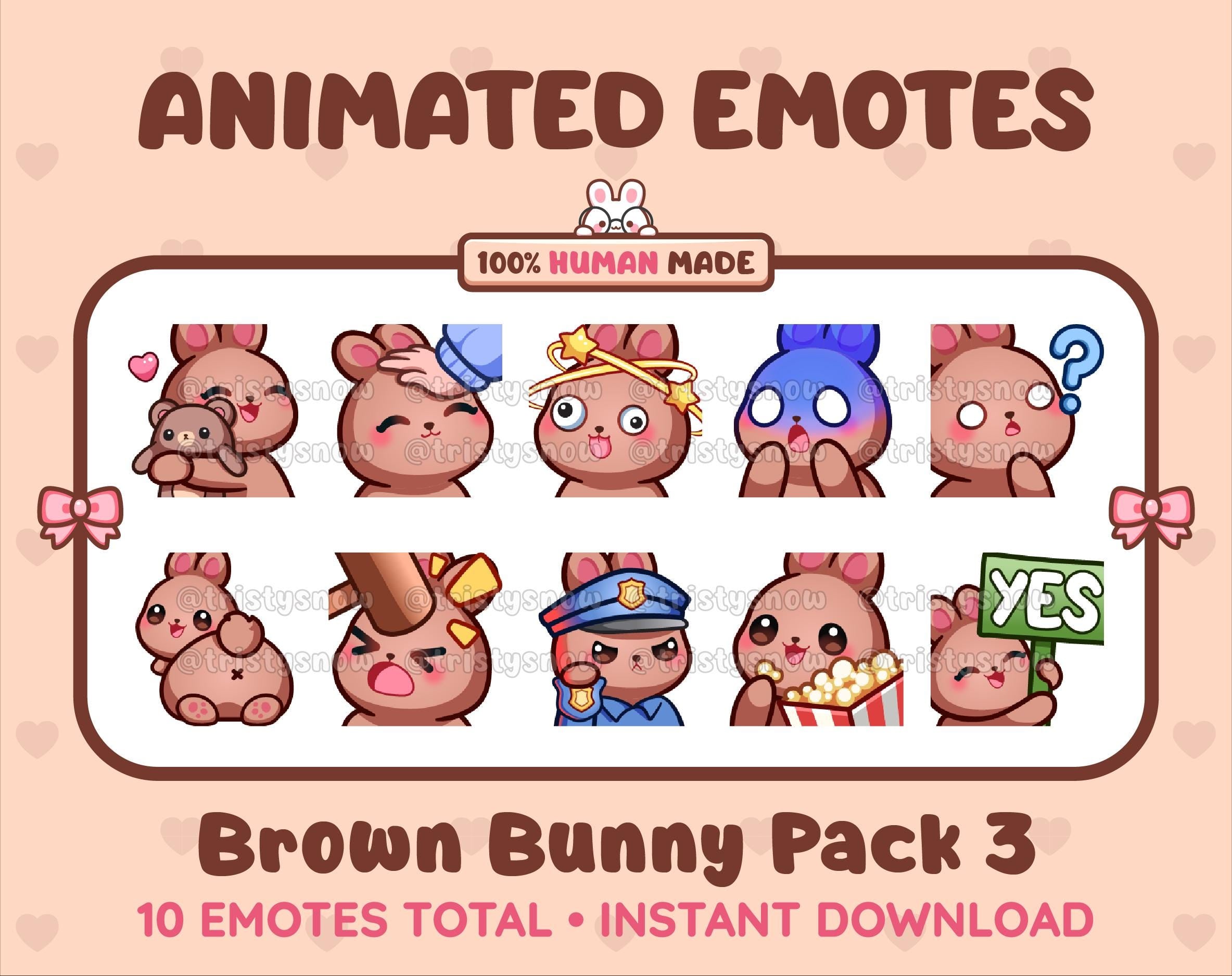 Brown Bunny animated Twitch emote pack featuring 10 emotes including hug, scared, bonk, and popcorn.