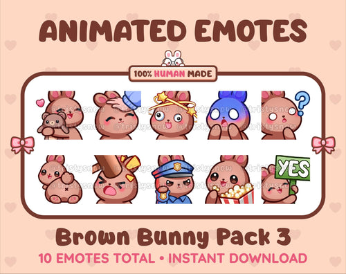 Brown Bunny animated Twitch emote pack featuring 10 emotes including hug, scared, bonk, and popcorn.