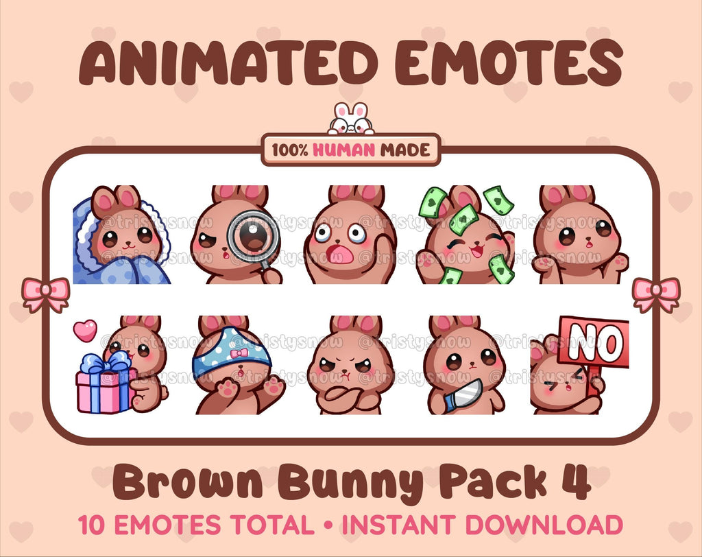 Brown Bunny animated Twitch emote pack featuring 10 emotes including cozy, sus, panic, and shrug.