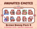 Brown Bunny animated Twitch emote pack featuring 10 emotes including cozy, sus, panic, and shrug.