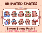 Brown Bunny animated Twitch emote pack featuring 10 emotes including cozy, sus, panic, and shrug.