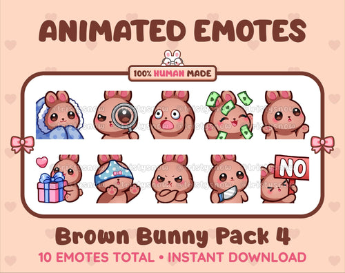 Brown Bunny animated Twitch emote pack featuring 10 emotes including cozy, sus, panic, and shrug.