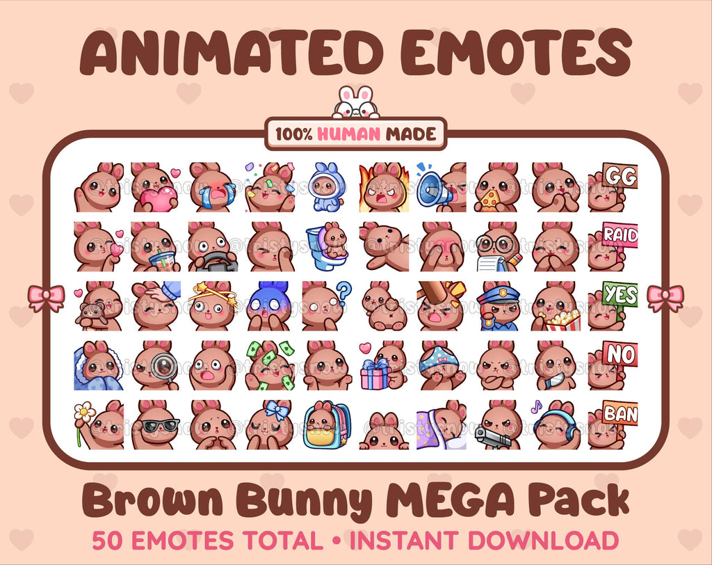 Brown Bunny animated Twitch emote mega pack featuring 50 emotes including hype, kiss, raid, and lurk.