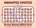 Brown Bunny animated Twitch emote mega pack featuring 50 emotes including hype, kiss, raid, and lurk.