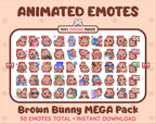 Brown Bunny animated Twitch emote mega pack featuring 50 emotes including hype, kiss, raid, and lurk.