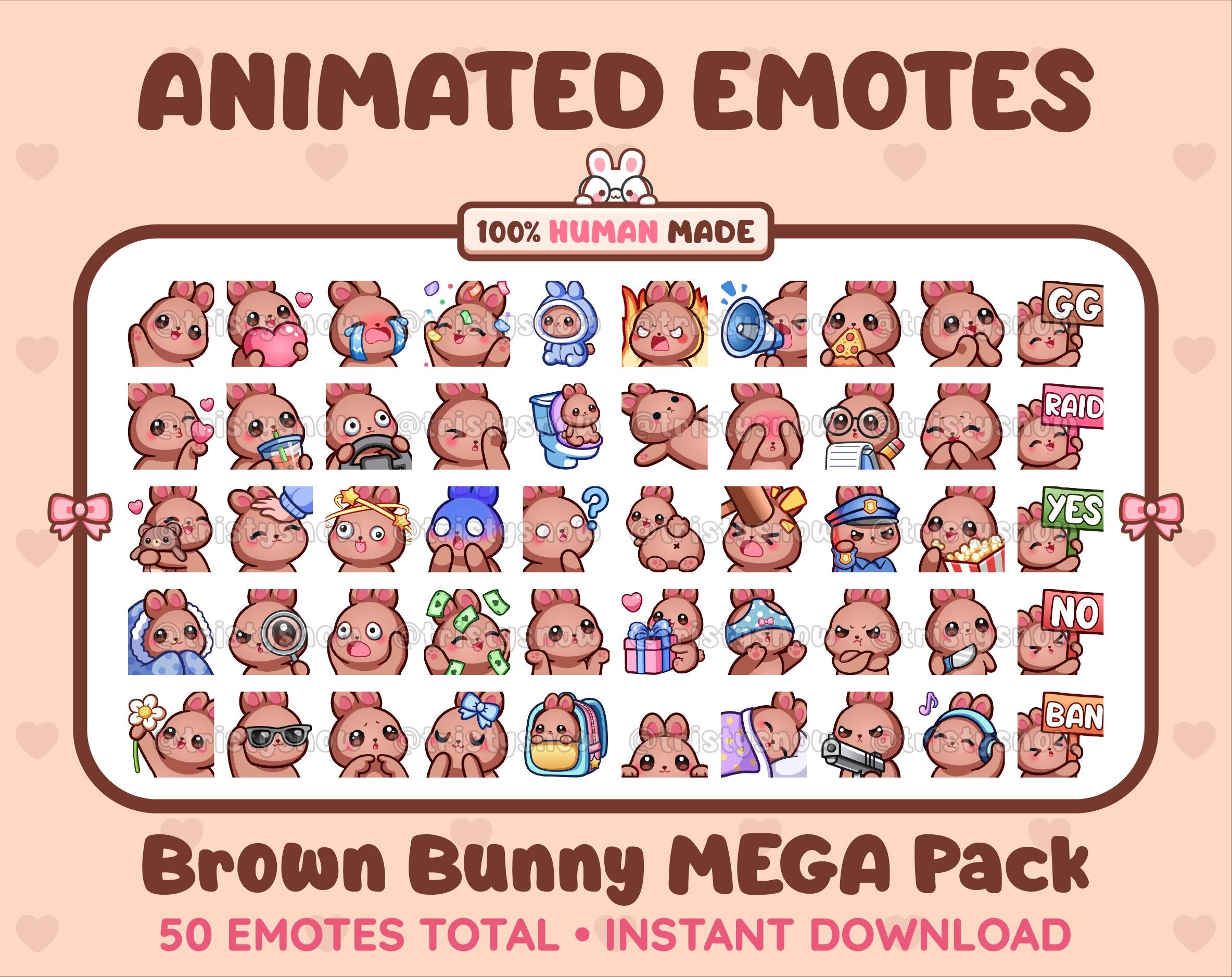 Brown Bunny animated Twitch emote mega pack featuring 50 emotes including hype, kiss, raid, and lurk.