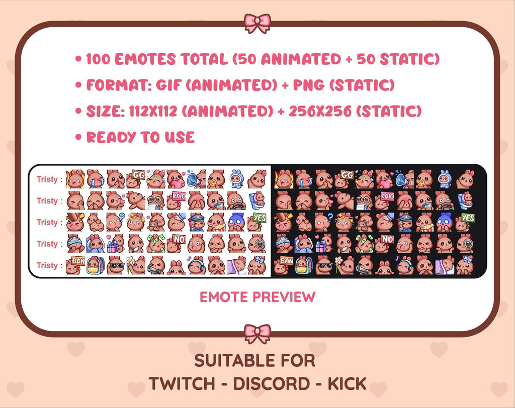 Brown Bunny animated Twitch emote mega pack preview displaying all 50 emotes with format and size information.