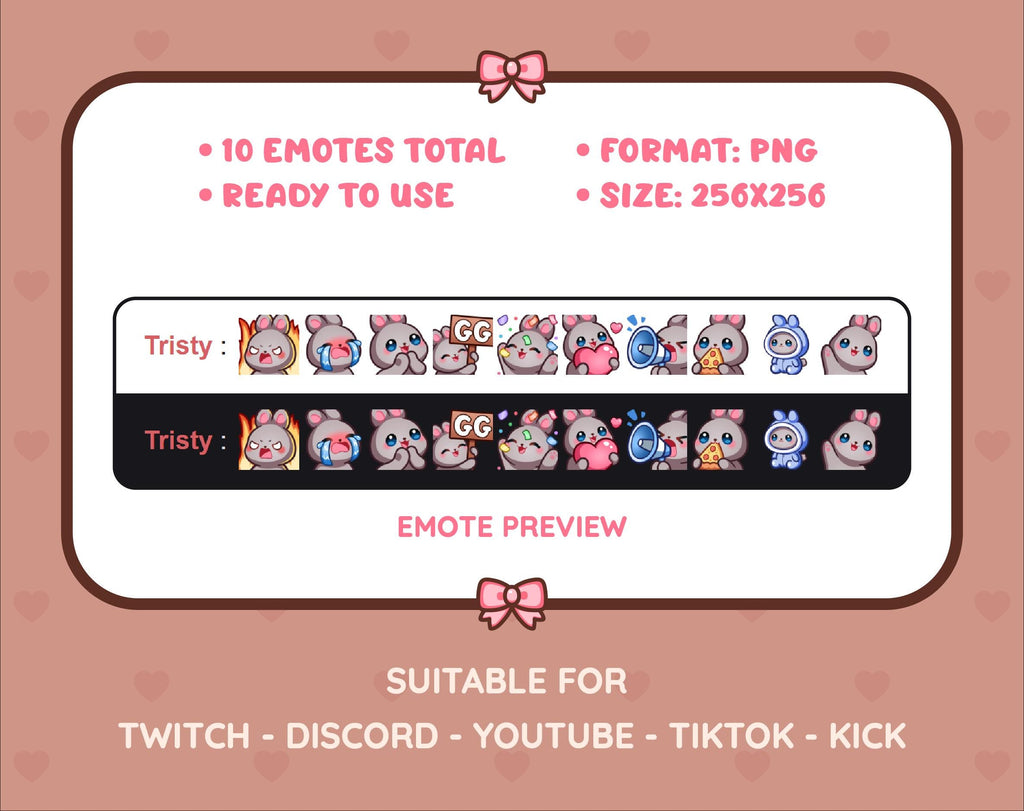 Gray Bunny Twitch emote pack preview displaying all 10 emotes with format and size information.