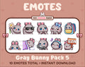 Gray Bunny Twitch emote pack featuring 10 emotes including flower, cool, plead, and lurk.