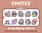 Gray Bunny Twitch emote pack featuring 10 emotes including flower, cool, plead, and lurk.