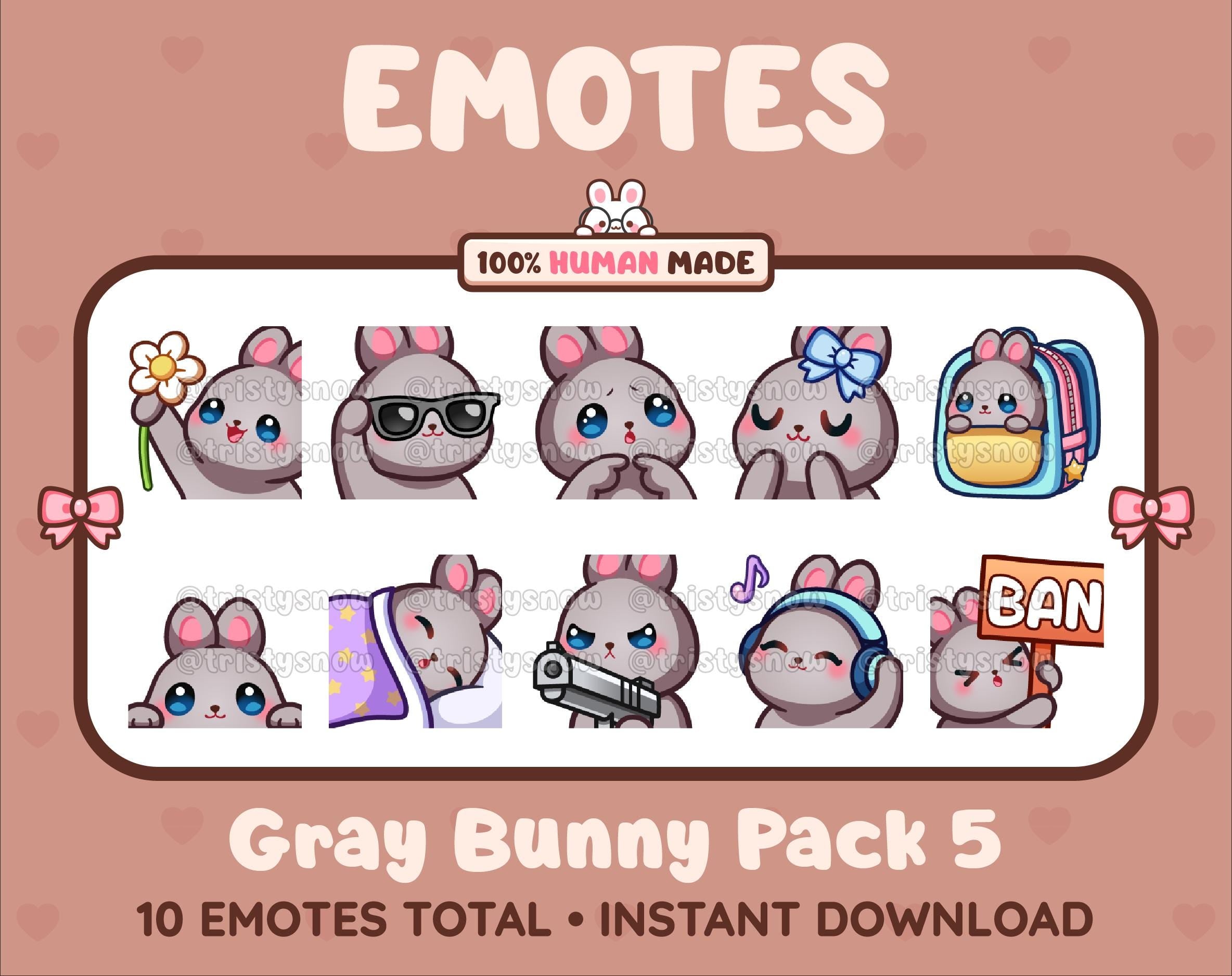 Gray Bunny Twitch emote pack featuring 10 emotes including flower, cool, plead, and lurk.