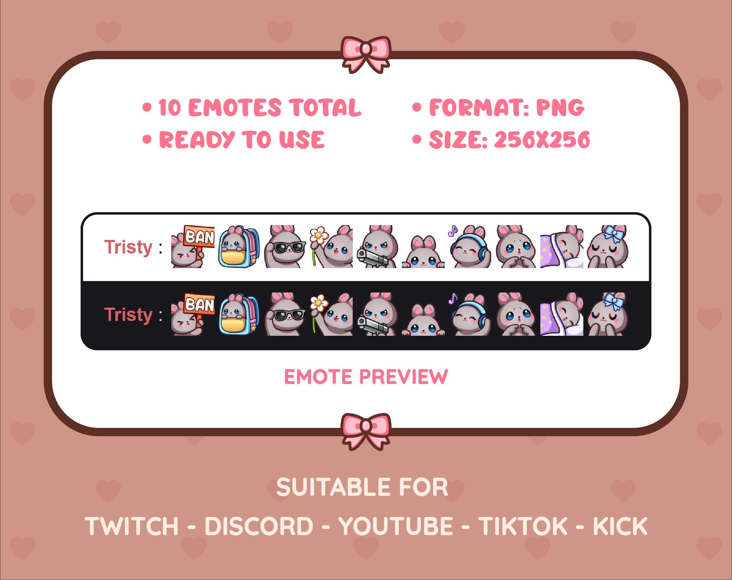 Gray Bunny Twitch emote pack preview displaying all 10 emotes with format and size information.