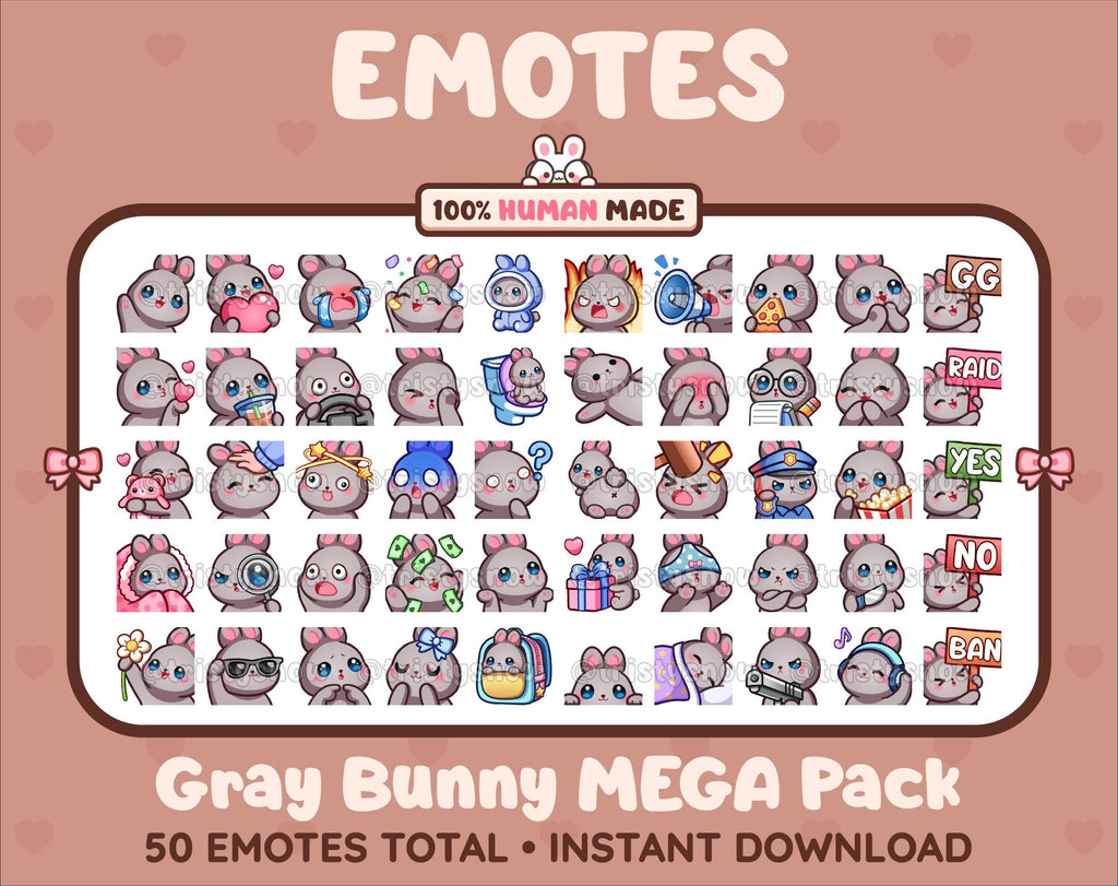 Gray Bunny Twitch emote mega pack featuring 50 emotes including hype, kiss, raid, and lurk.