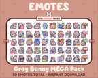 Gray Bunny Twitch emote mega pack featuring 50 emotes including hype, kiss, raid, and lurk.
