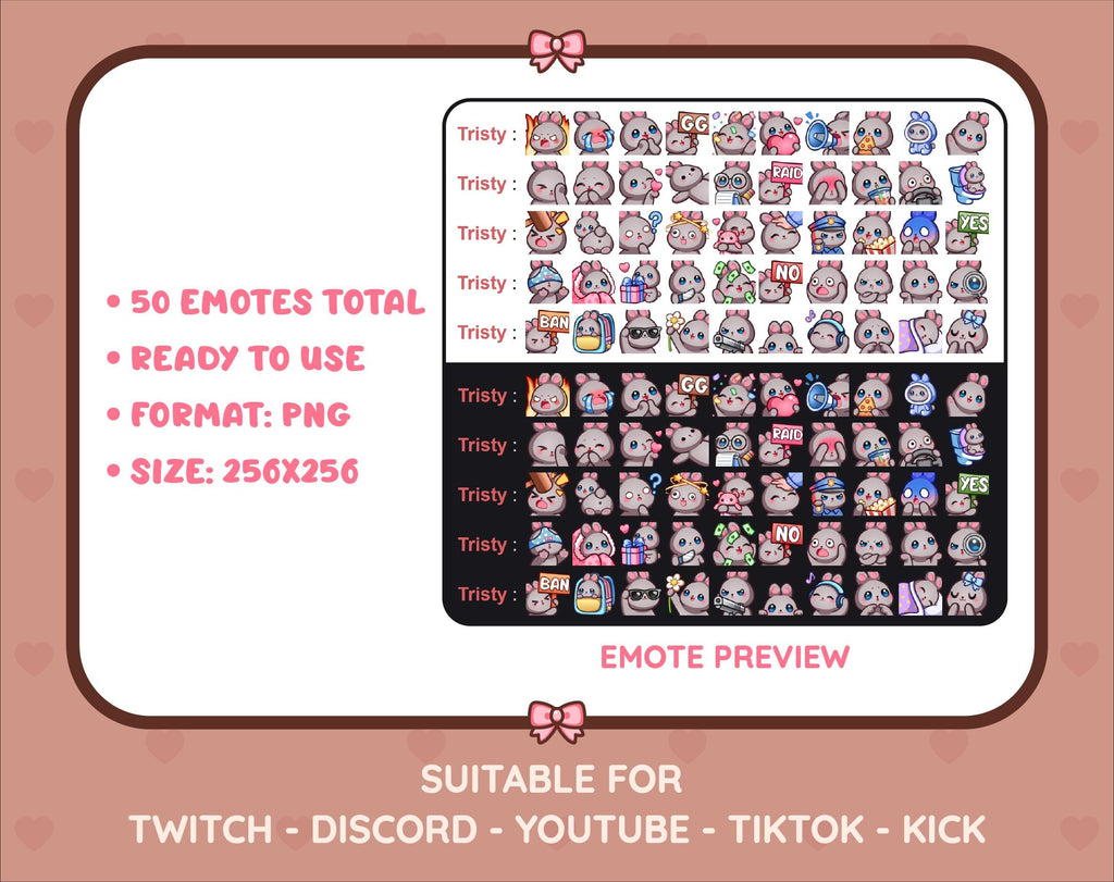Gray Bunny Twitch emote mega pack preview displaying all 50 emotes with format and size information.