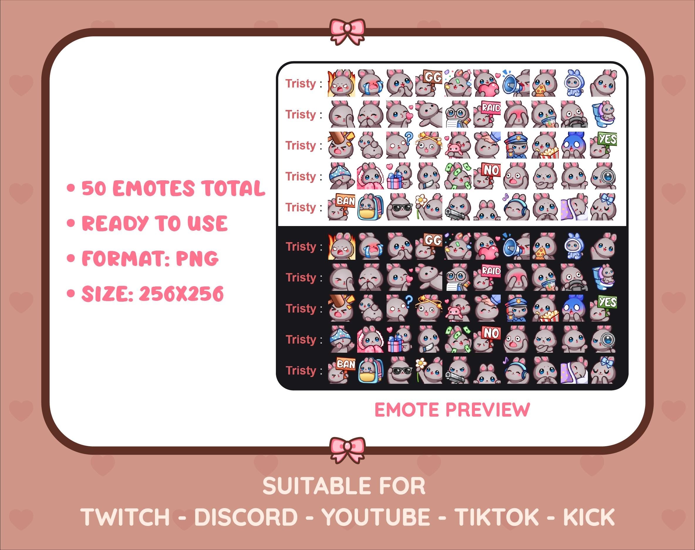 Gray Bunny Twitch emote mega pack preview displaying all 50 emotes with format and size information.