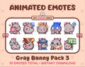Gray Bunny animated Twitch emote pack featuring 10 emotes including hug, scared, bonk, and popcorn.