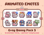 Gray Bunny animated Twitch emote pack featuring 10 emotes including hug, scared, bonk, and popcorn.
