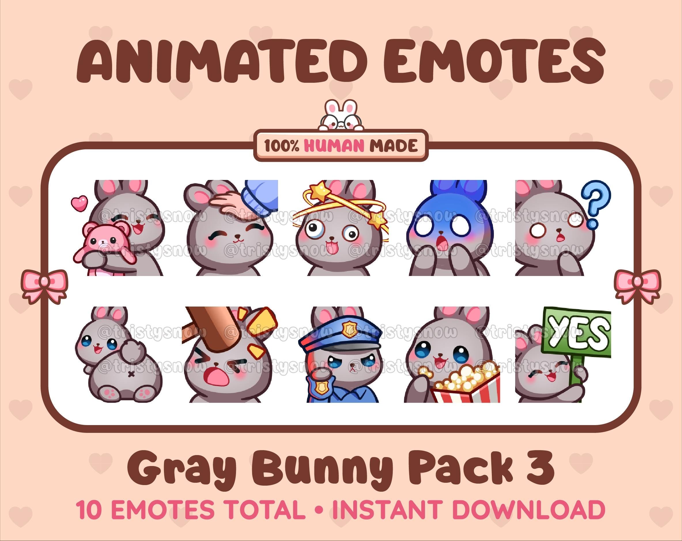 Gray Bunny animated Twitch emote pack featuring 10 emotes including hug, scared, bonk, and popcorn.