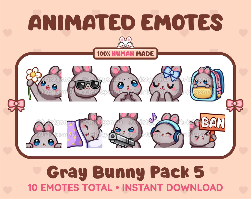 Gray Bunny animated Twitch emote pack featuring 10 emotes including flower, cool, plead, and lurk.