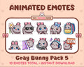Gray Bunny animated Twitch emote pack featuring 10 emotes including flower, cool, plead, and lurk.