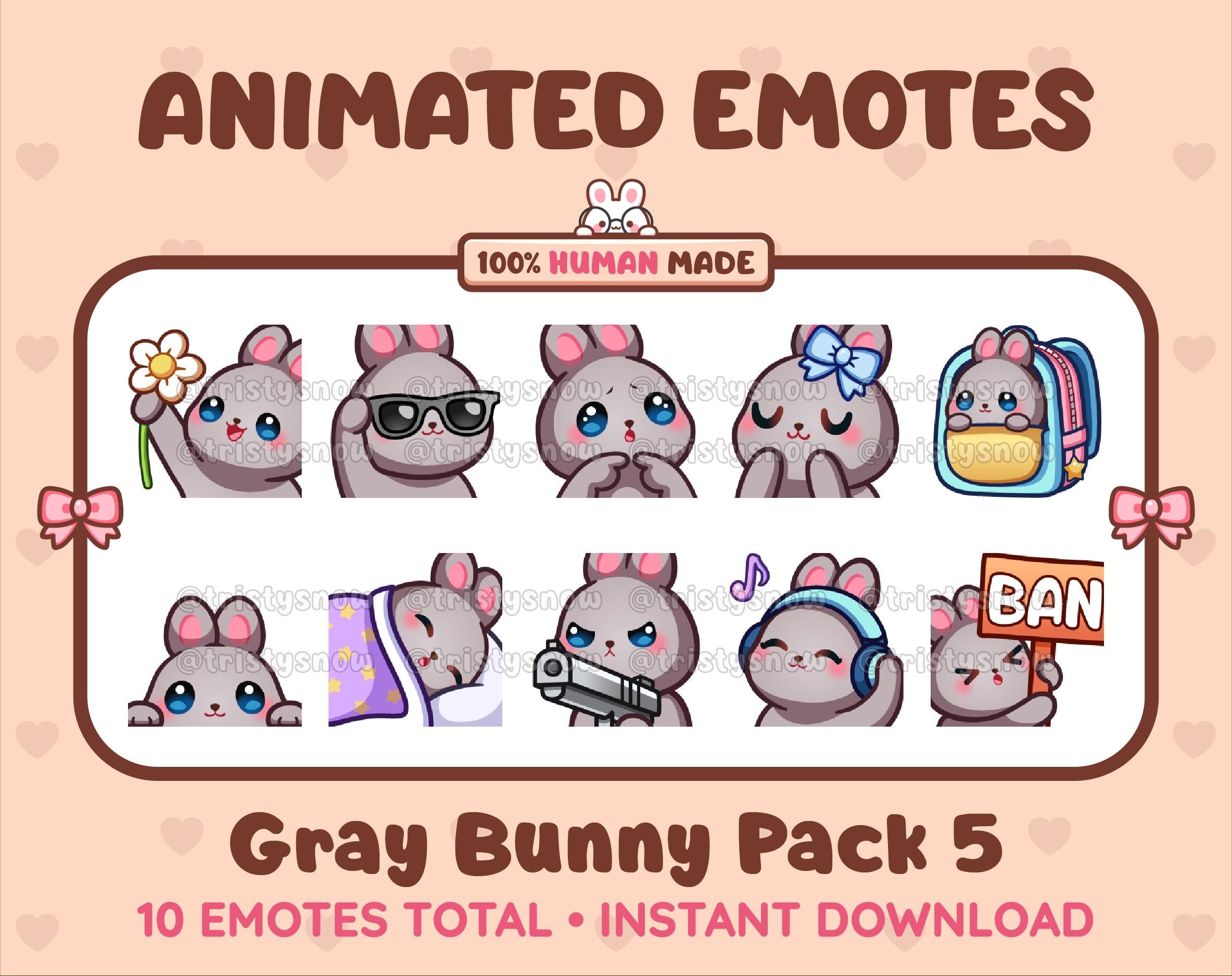 Gray Bunny animated Twitch emote pack featuring 10 emotes including flower, cool, plead, and lurk.