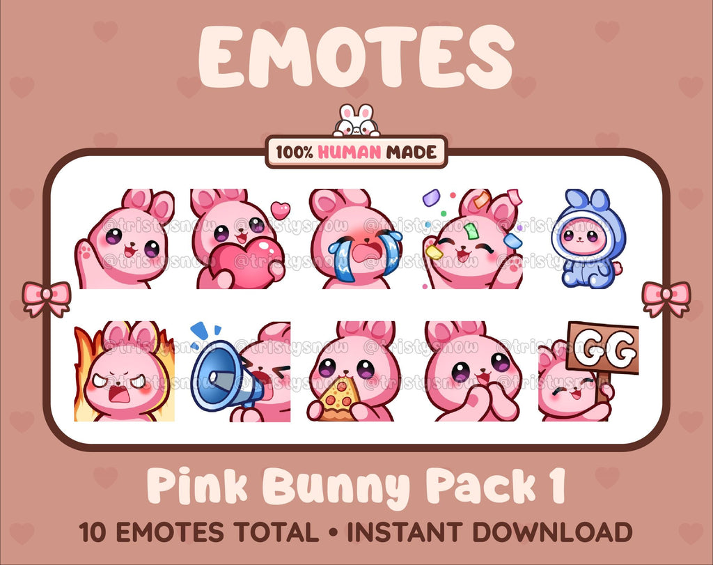Pink Bunny Twitch emote pack featuring 10 emotes including GG, angry, cry, and hype.