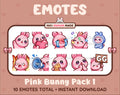 Pink Bunny Twitch emote pack featuring 10 emotes including GG, angry, cry, and hype.