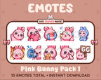 Pink Bunny Twitch emote pack featuring 10 emotes including GG, angry, cry, and hype.