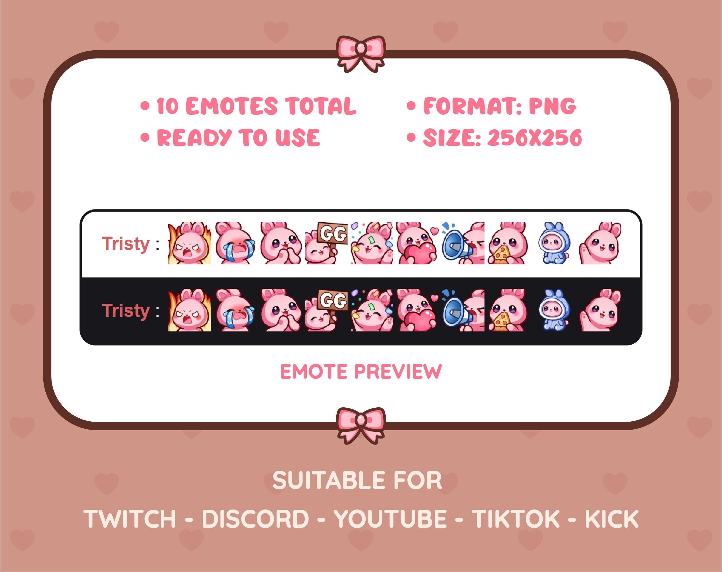 Pink Bunny Twitch emote pack preview displaying all 10 emotes with format and size information.