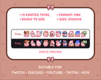 Pink Bunny Twitch emote pack preview displaying all 10 emotes with format and size information.