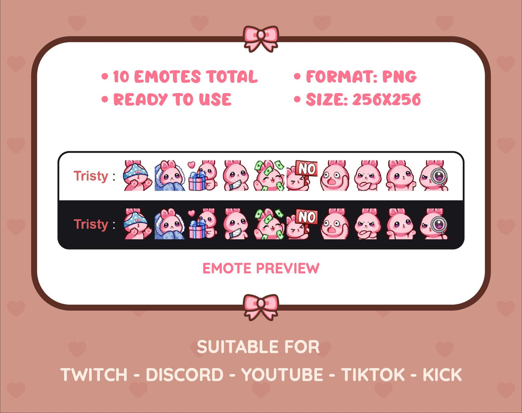 Pink Bunny Twitch emote pack preview displaying all 10 emotes with format and size information.