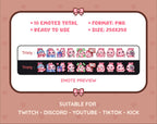 Pink Bunny Twitch emote pack preview displaying all 10 emotes with format and size information.