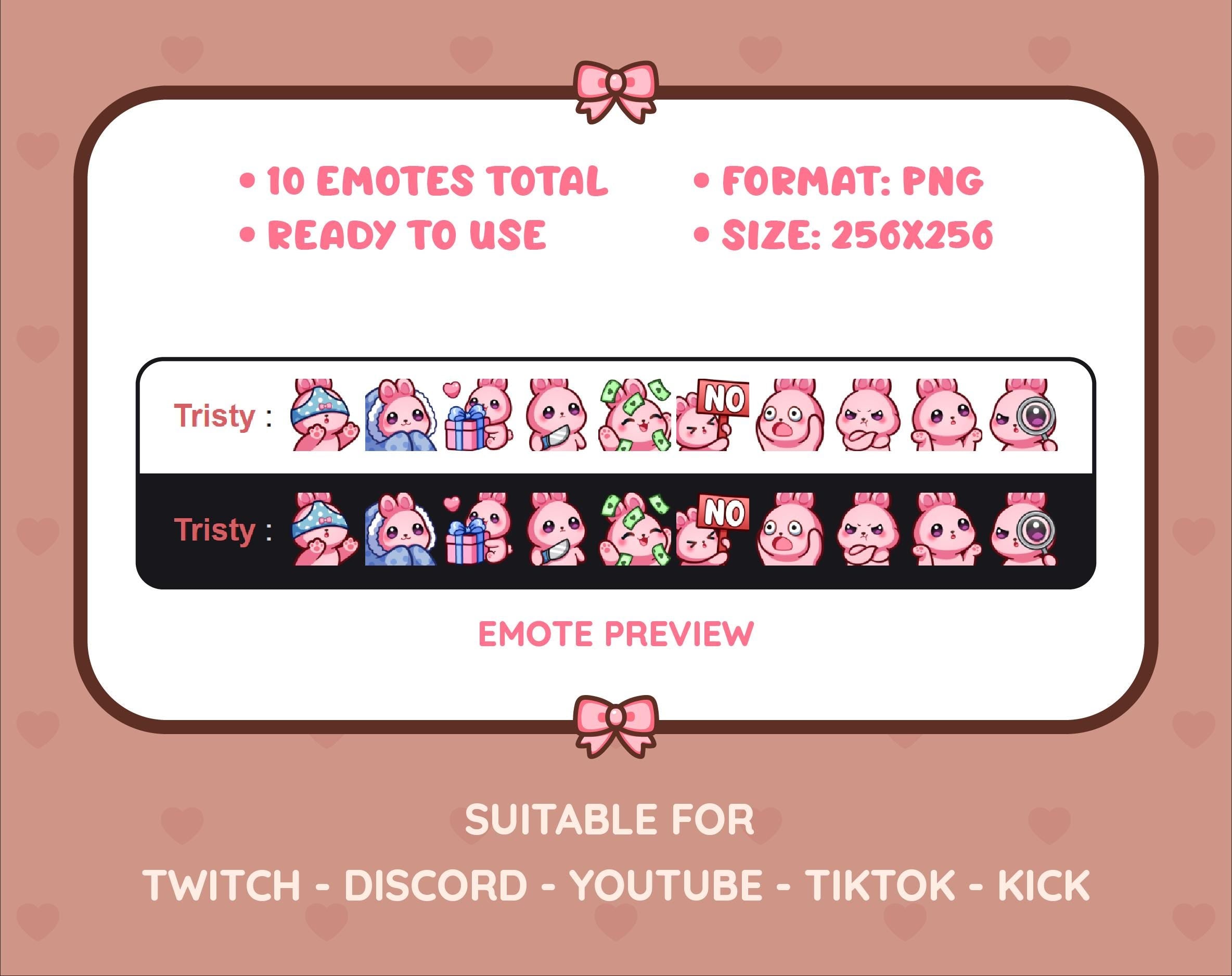 Pink Bunny Twitch emote pack preview displaying all 10 emotes with format and size information.
