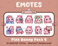 Pink Bunny Twitch emote pack featuring 10 emotes including cozy, sus, panic, and shrug.