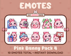 Pink Bunny Twitch emote pack featuring 10 emotes including cozy, sus, panic, and shrug.