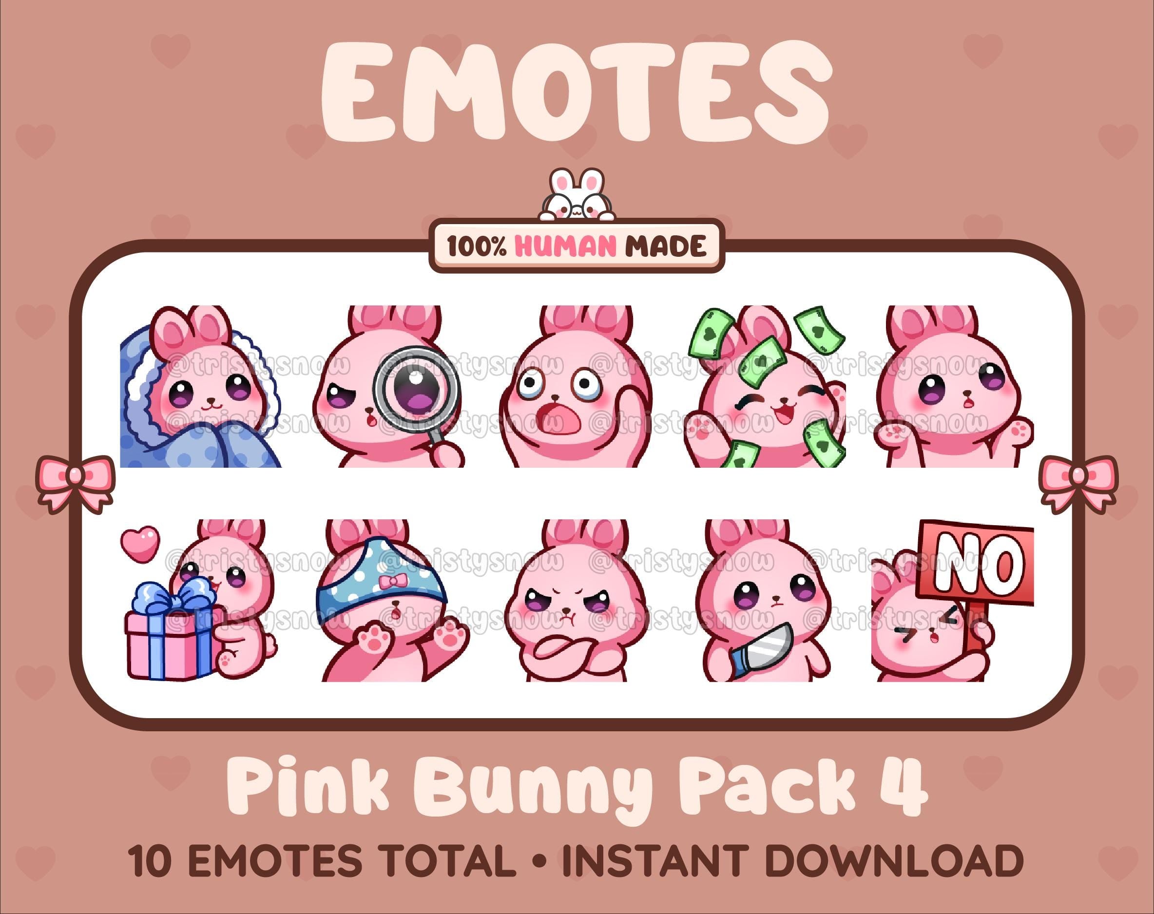 Pink Bunny Twitch emote pack featuring 10 emotes including cozy, sus, panic, and shrug.