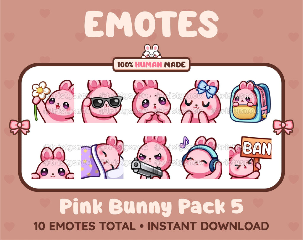 Pink Bunny Twitch emote pack featuring 10 emotes including flower, cool, plead, and lurk.